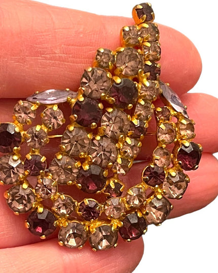 Vintage 1950s gold finish art deco stlye Purple rhinestone brooch