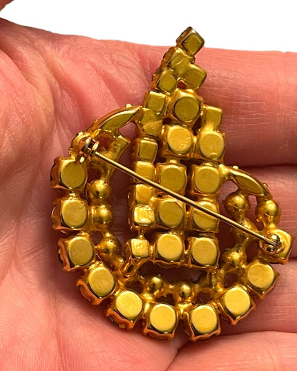 Vintage 1950s gold finish art deco stlye Purple rhinestone brooch