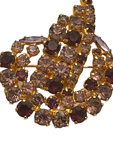 Vintage 1950s gold finish art deco stlye Purple rhinestone brooch