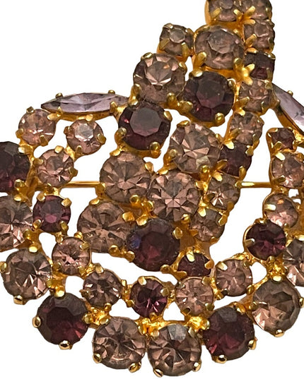Vintage 1950s gold finish art deco stlye Purple rhinestone brooch
