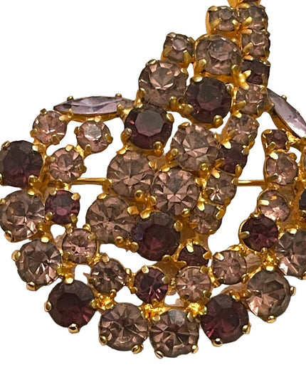 Vintage 1950s gold finish art deco stlye Purple rhinestone brooch