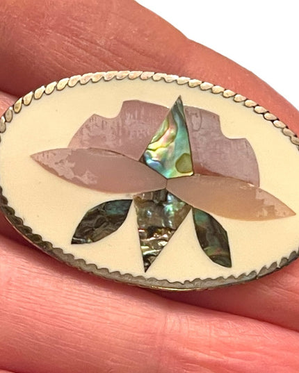 Vintage Mexico Alpaca Abalone flower inlay ovale brooch pendant
