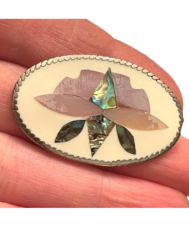 Vintage Mexico Alpaca Abalone flower inlay ovale brooch pendant