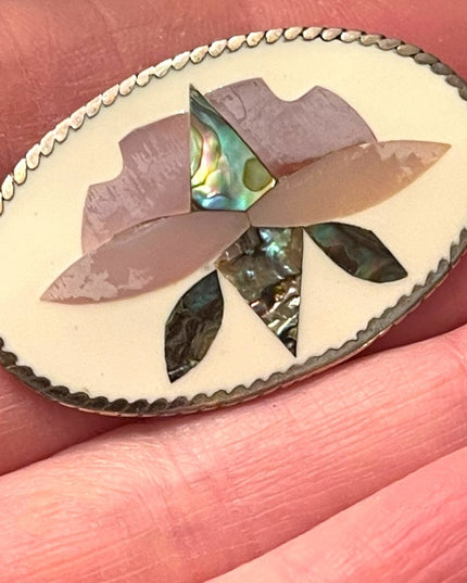 Vintage Mexico Alpaca Abalone flower inlay ovale brooch pendant