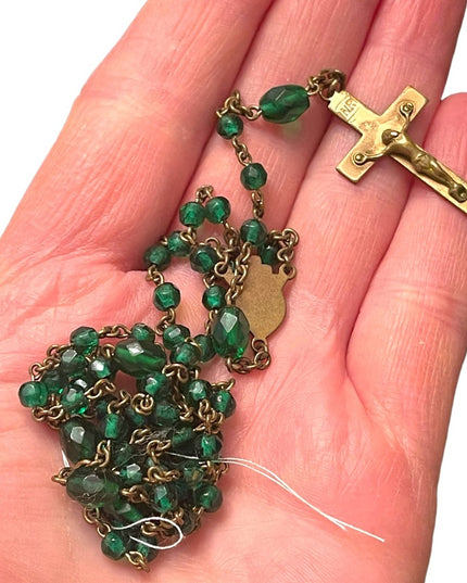 Vintage Green glass bead gold finish antiqued Rosary