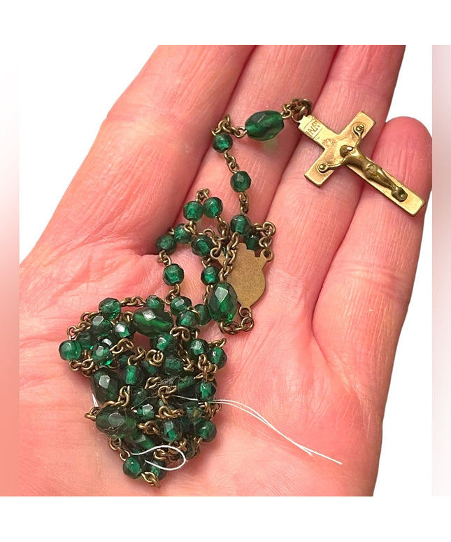 Vintage Green glass bead gold finish antiqued Rosary