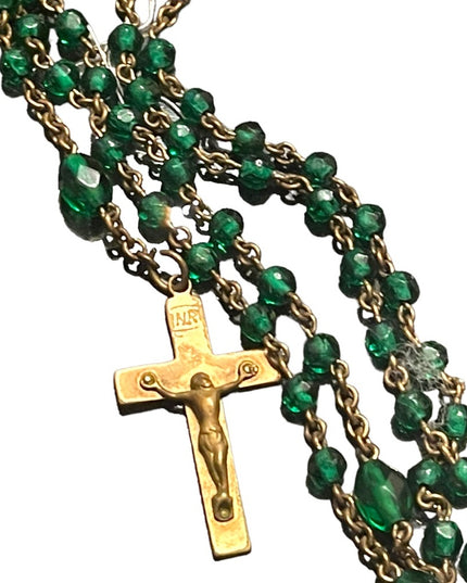 Vintage Green glass bead gold finish antiqued Rosary