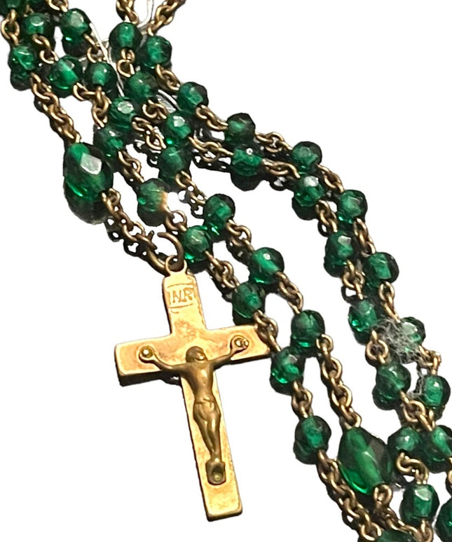 Vintage Green glass bead gold finish antiqued Rosary