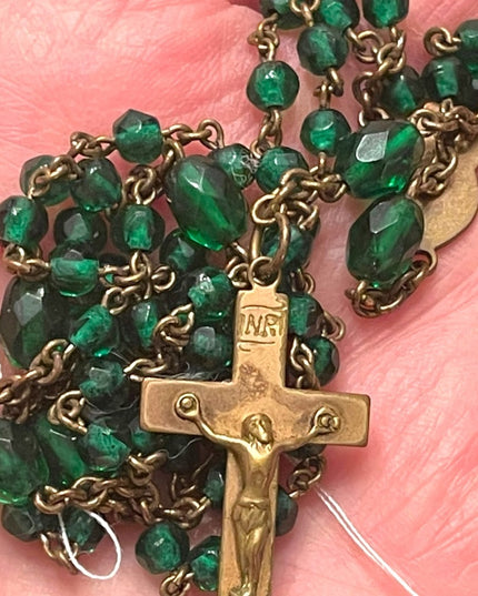 Vintage Green glass bead gold finish antiqued Rosary