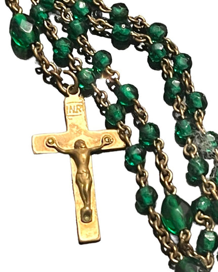Vintage Green glass bead gold finish antiqued Rosary