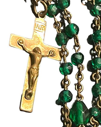 Vintage Green glass bead gold finish antiqued Rosary