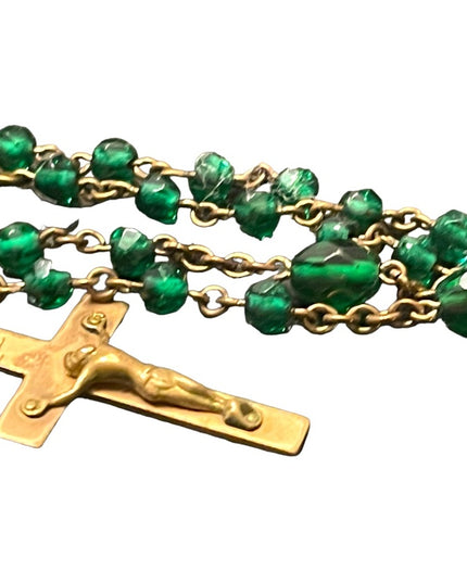 Vintage Green glass bead gold finish antiqued Rosary