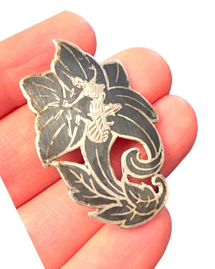 Vintage Siam Sterling silver 925 Black enameled goddess brooch