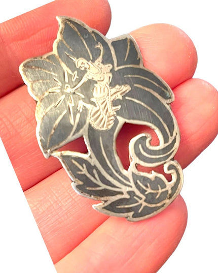 Vintage Siam Sterling silver 925 Black enameled goddess brooch