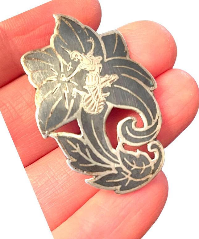 Vintage Siam Sterling silver 925 Black enameled goddess brooch