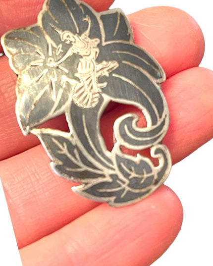 Vintage Siam Sterling silver 925 Black enameled goddess brooch