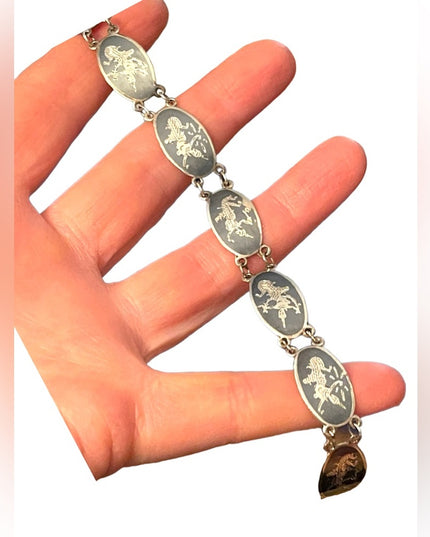 Vintage Siam sterling silver 925 black enamel goddess bracelet Nielo