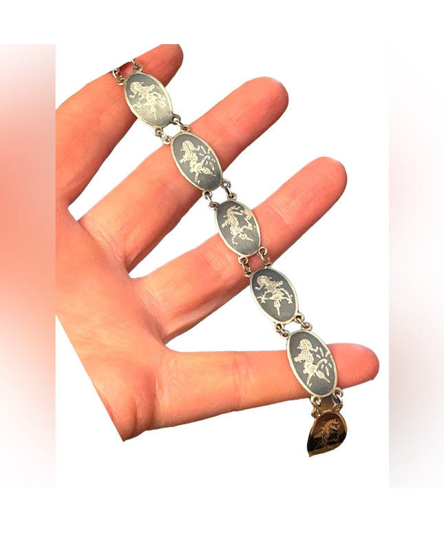 Vintage Siam sterling silver 925 black enamel goddess bracelet Nielo