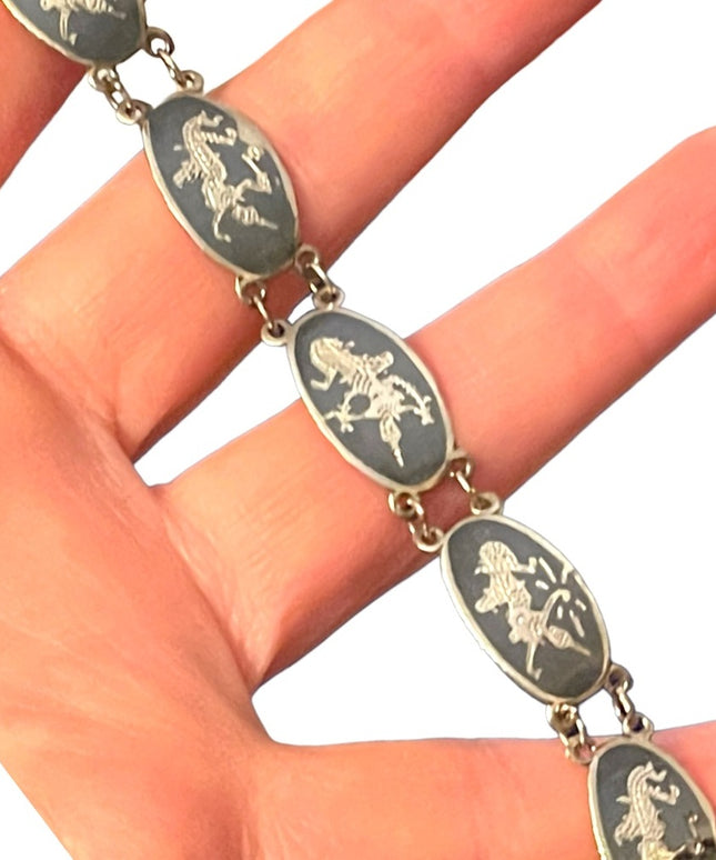 Vintage Siam sterling silver 925 black enamel goddess bracelet Nielo