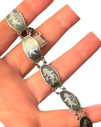 Vintage Siam sterling silver 925 black enamel goddess bracelet Nielo