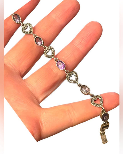 Sterling silver 925 marcasite heart link amethyst bracelet