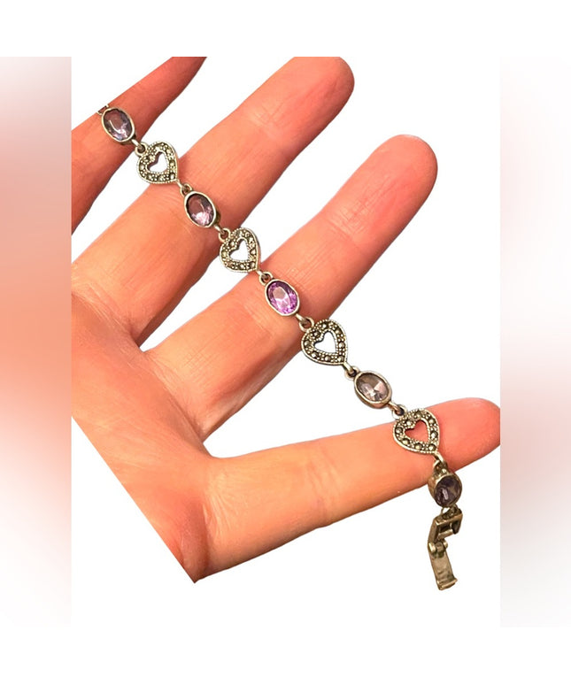 Sterling silver 925 marcasite heart link amethyst bracelet