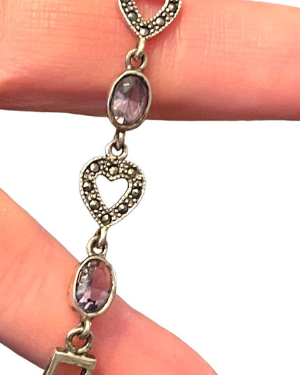 Sterling silver 925 marcasite heart link amethyst bracelet