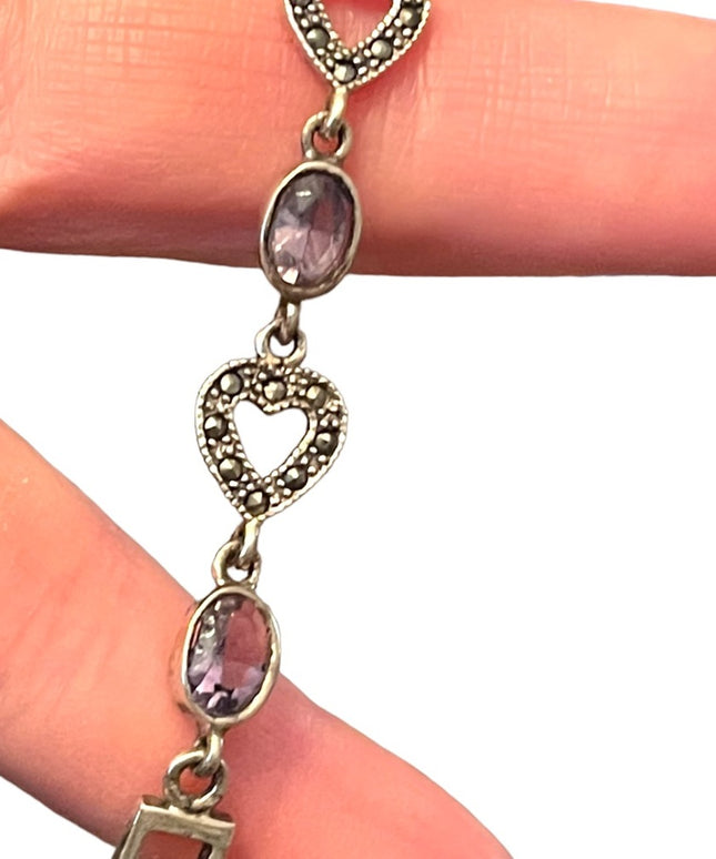 Sterling silver 925 marcasite heart link amethyst bracelet