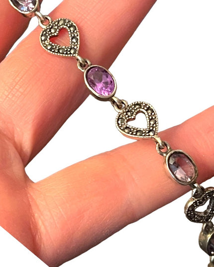 Sterling silver 925 marcasite heart link amethyst bracelet