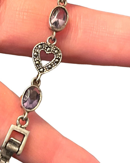 Sterling silver 925 marcasite heart link amethyst bracelet
