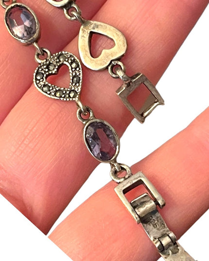 Sterling silver 925 marcasite heart link amethyst bracelet