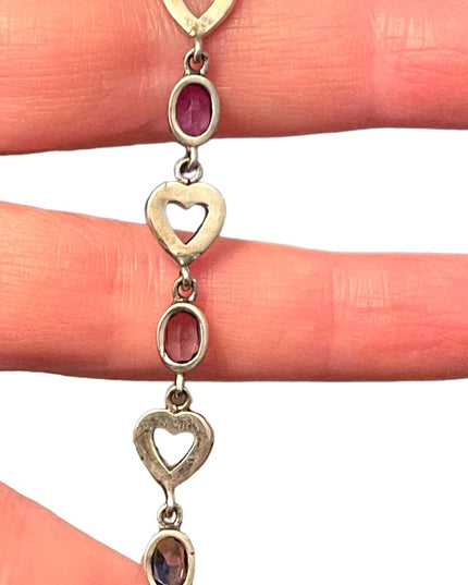 Sterling silver 925 marcasite heart link amethyst bracelet