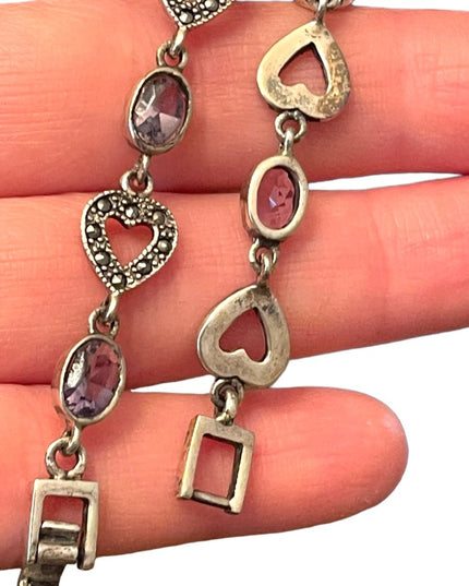 Sterling silver 925 marcasite heart link amethyst bracelet
