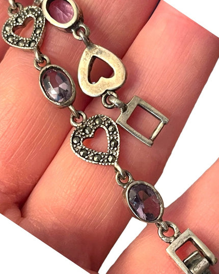 Sterling silver 925 marcasite heart link amethyst bracelet