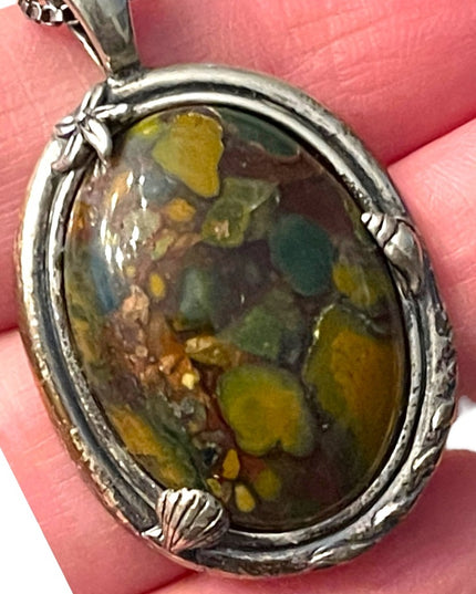 Fancy Handmade Sterling Silver 925 Caterpillar Moss Agate Stone pendant & chain