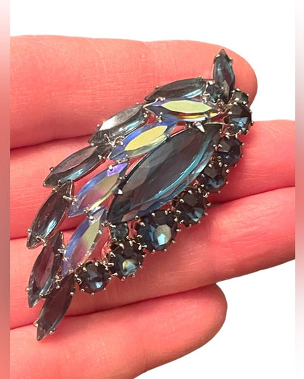 Vintage 1950s Silver finish Blue crystal AB feather leaf brooch