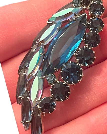 Vintage 1950s Silver finish Blue crystal AB feather leaf brooch