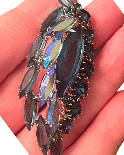 Vintage 1950s Silver finish Blue crystal AB feather leaf brooch