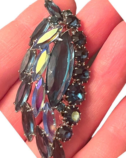 Vintage 1950s Silver finish Blue crystal AB feather leaf brooch