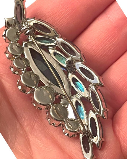 Vintage 1950s Silver finish Blue crystal AB feather leaf brooch