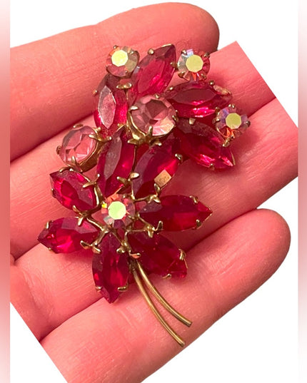 Vintage Juliana style? Red & pink Crystal flower brooch