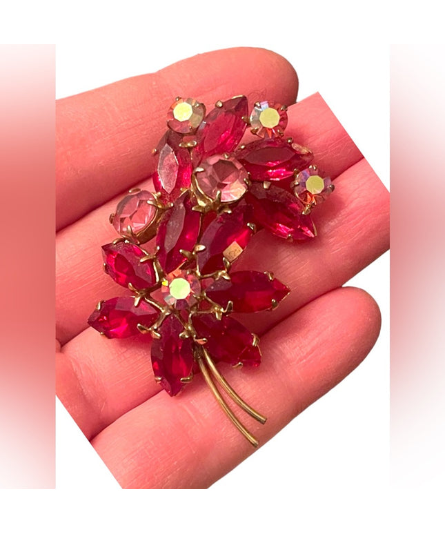 Vintage Juliana style? Red & pink Crystal flower brooch