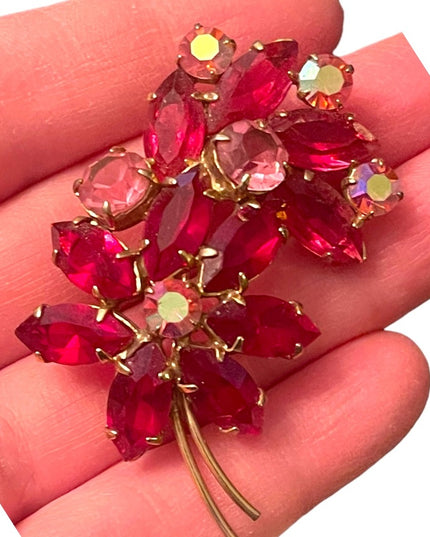 Vintage Juliana style? Red & pink Crystal flower brooch