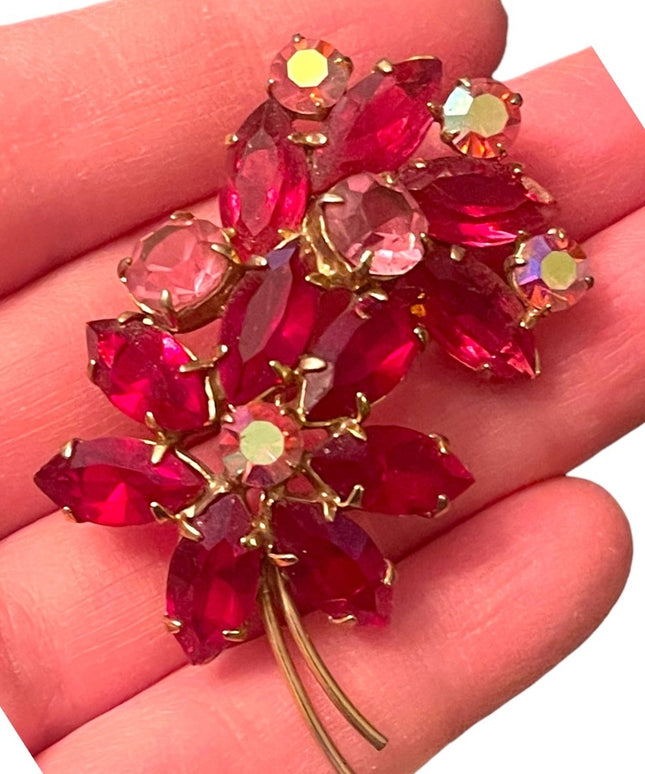 Vintage Juliana style? Red & pink Crystal flower brooch