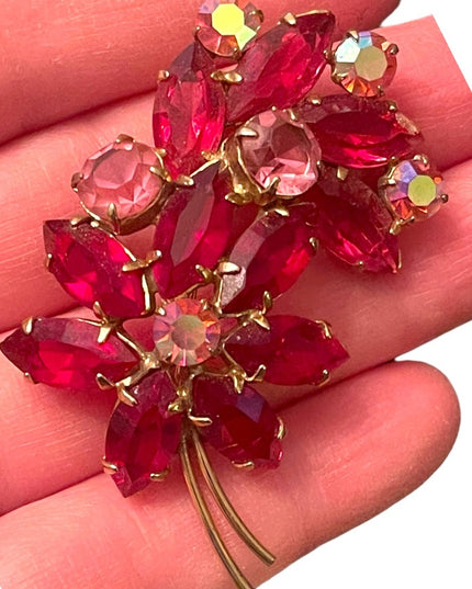 Vintage Juliana style? Red & pink Crystal flower brooch