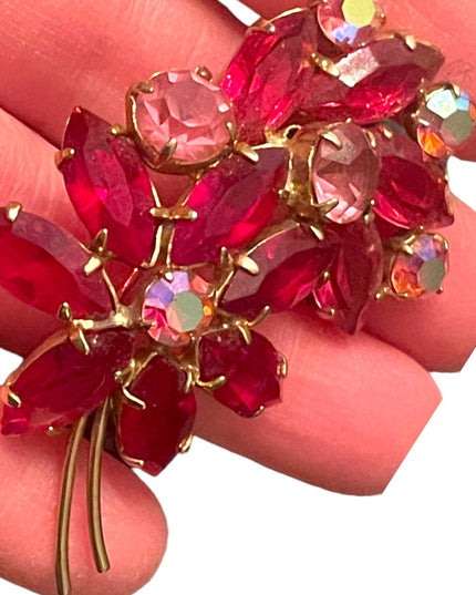 Vintage Juliana style? Red & pink Crystal flower brooch