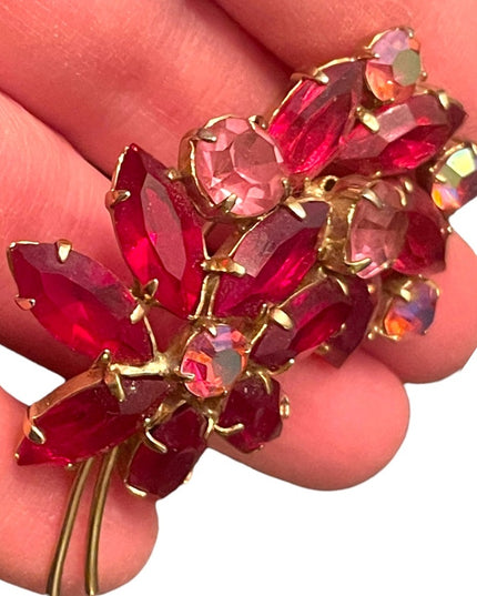 Vintage Juliana style? Red & pink Crystal flower brooch