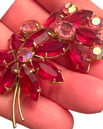 Vintage Juliana style? Red & pink Crystal flower brooch
