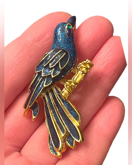 Lovely gold finish Blue enameled fancy bird brooch