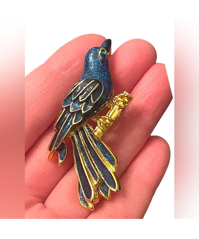 Lovely gold finish Blue enameled fancy bird brooch